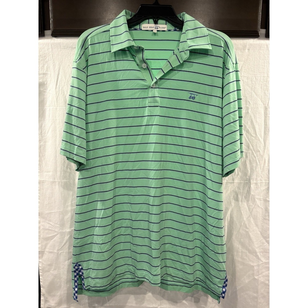 Bald Head Blues Polo Shirt Men's L Green Blue Striped With Logo Pima Cotton